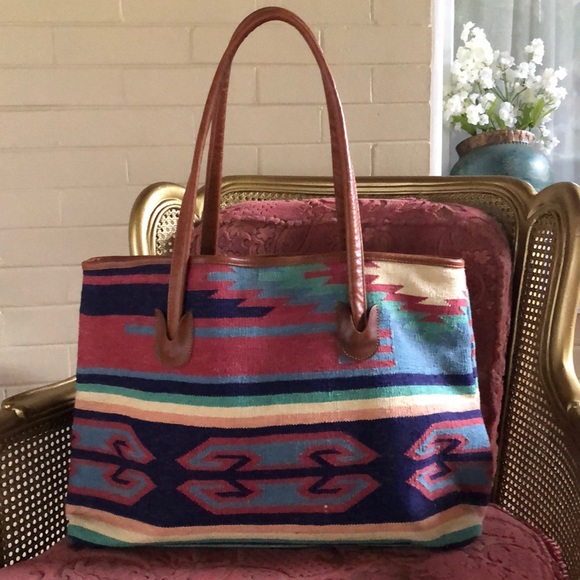 Saddle blanket Navajo Aztec textile bag leather tote weekender - Picture 5 of 8